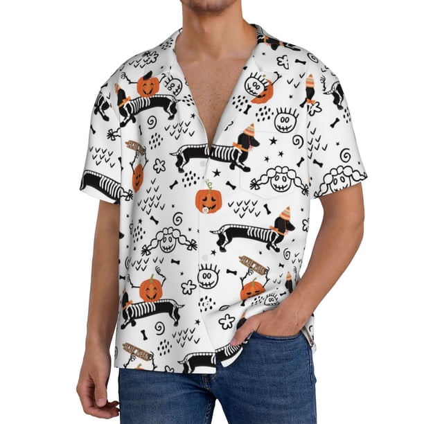 Fotbe Halloween Dachshund Camisa Estampada de Manga Corta para Hombre, Casual de Verano, Estilo Playero, Sin Arrugas-XX-Large