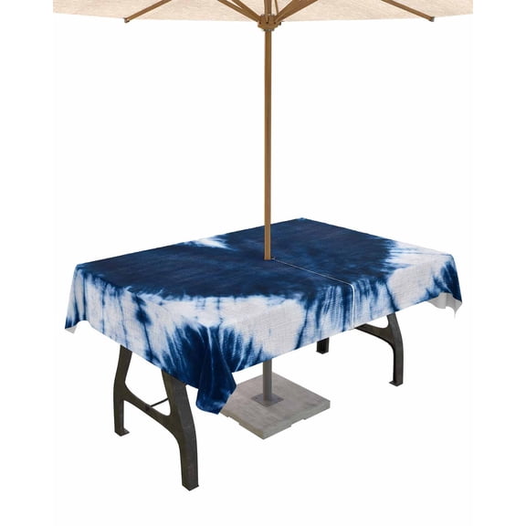 Hokiten Outdoor Tablecloths with Umbrella Hole & Zipper, Blue Love Heart Rectangle Tablecloth 52x70 Inch, Boho Ethnic Modern Funny Tie Dye Art Waterproof Table Cloth, Patio/Pool/Picnic Table Covers