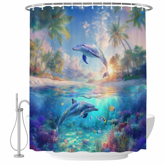 Dolphin Fabric Shower Curtain Ocean Animal Tropical Coconut Washable Shower Curtains for Bathroom, Waterproof Bath Curtain with Hooks Home Decor 72x84in