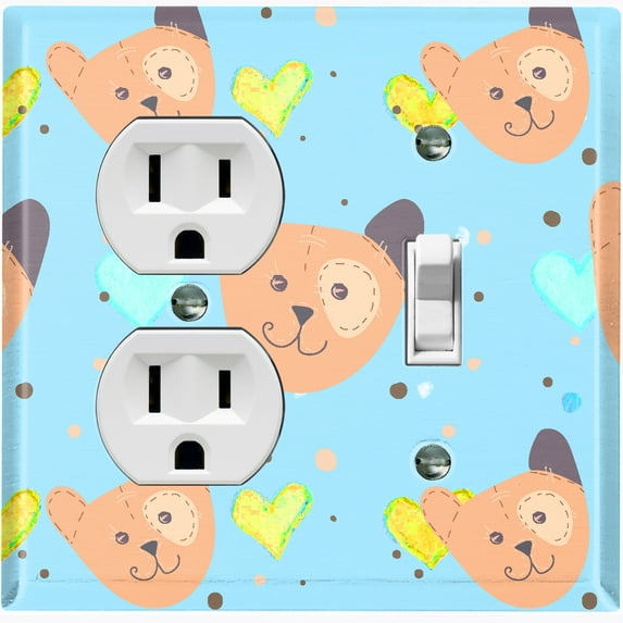 Metal Light Switch Wall Plate Outlet Cover (Bear Sky Blue Heart Clouds - Single Duplex Single Toggle)