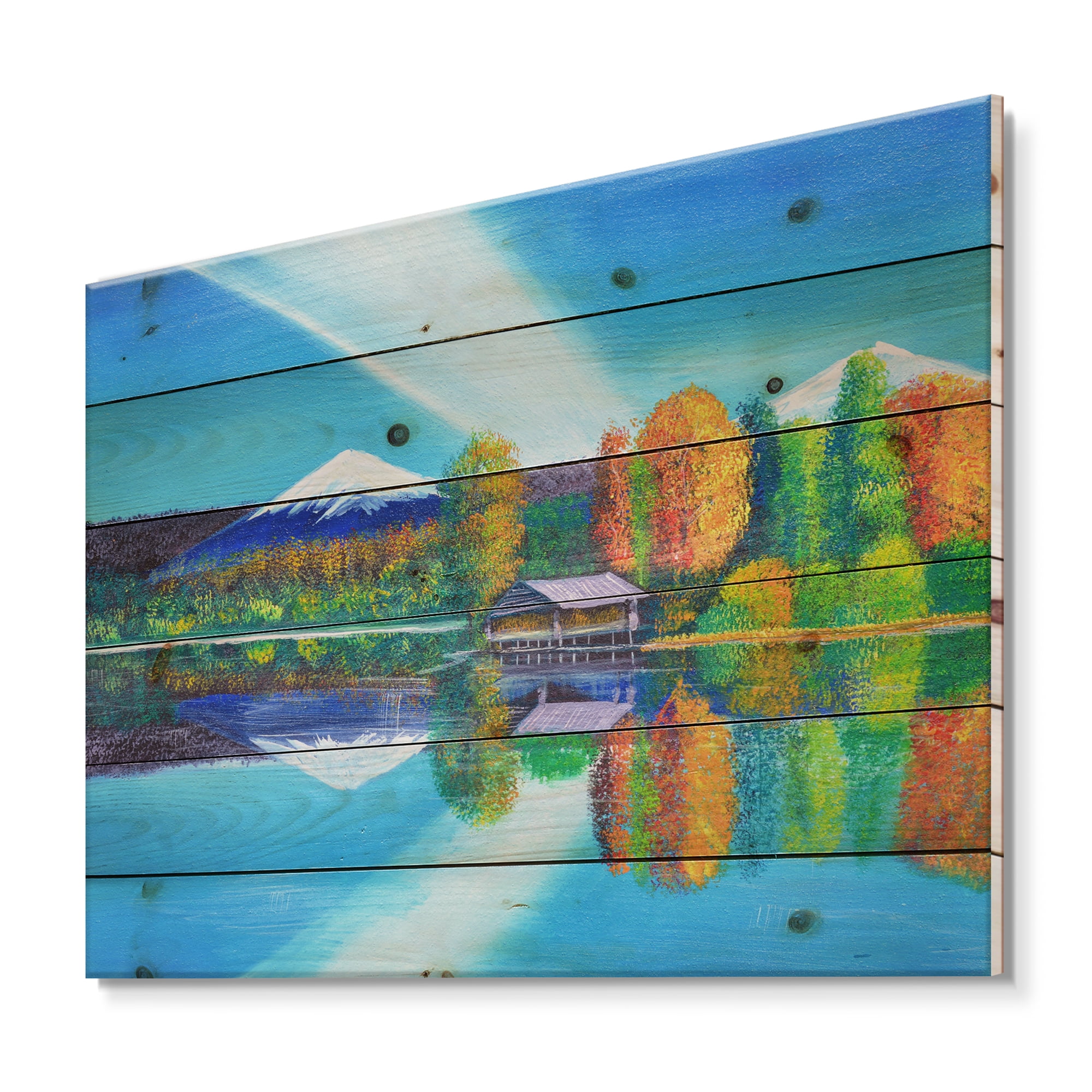 Designart 'Reflection Of Mountain and Sky On The Lake Water' Nautical & Coastal Print on Natural Pine Wood