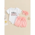 thumbnail image 2 of Bagilaanoe 3pcs Newborn Baby Girl Shorts Set Short Sleeve Letter Print Romper Tops + Shorts + Headband 3M 6M 12M 18M Infant Casual Summer Clothes, 2 of 8