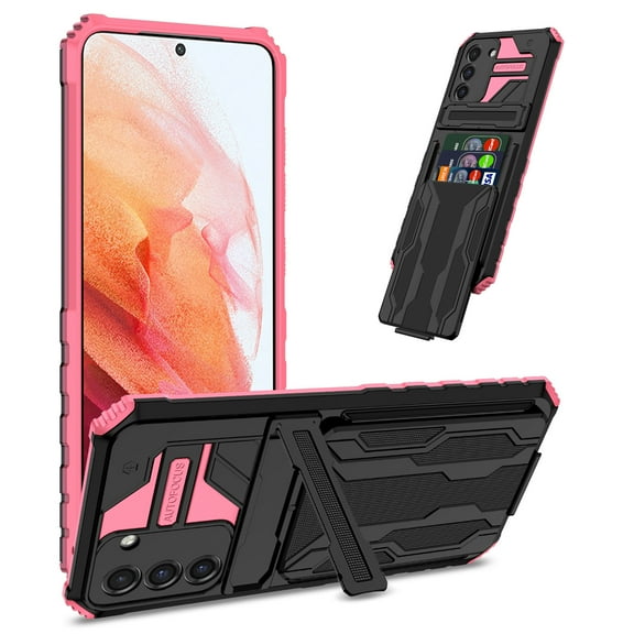 Card Holder Case for Samsung Galaxy S21 FE [2021 Released][6.4 inch], Allytech Hybrid Protection Hard PC + Soft TPU Hands-Free Stand Bracket Anti-Slip Grip Wallet Cover for Galaxy S21 FE 5G, Pink