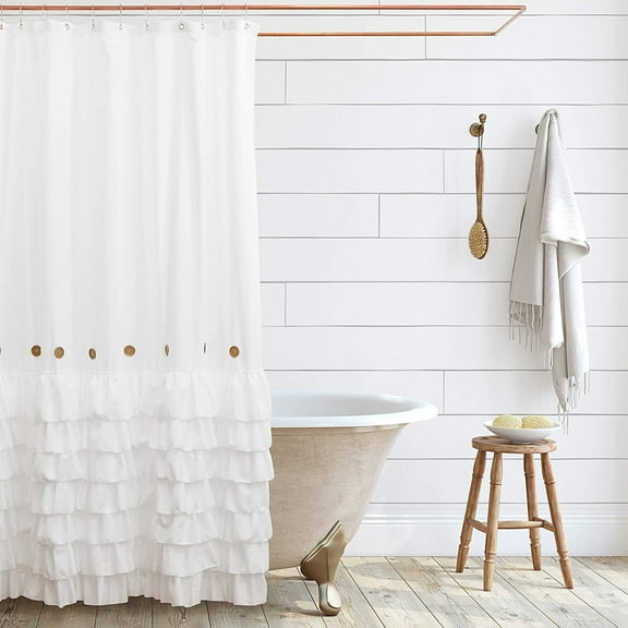 Shaina White Farmhouse Shower Curtain 72 x 72 with Shabby Chic Ruffles and French Country Style Buttons - Modern Farmhouse Fabric