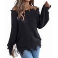 thumbnail image 2 of Women'S Solid Color Openwork Long-Sleeved Sweater, Off-Shoulder Knit Pullover Black L, 2 of 9