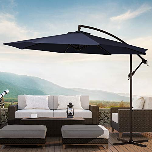 Kitadin Offset Umbrella 10ft Cantilever Patio Hanging Outdoor Market Umbrellas With Crank Lift Cross Base Navy Com Kitadin Offset Umbrella 10ft Cantilever, Outdoor Cantilever Grey Umbrella With Lights And Speaker