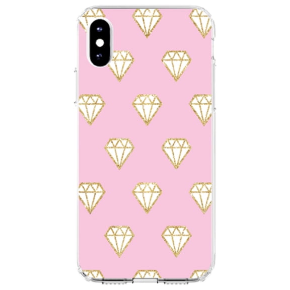 DistinctInk Clear Shockproof Hybrid Case for iPhone XR (6.1" Screen) - TPU Bumper, Acrylic Back, Tempered Glass Screen Protector - Pink & Gold Print - Diamond Pattern