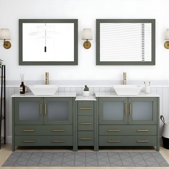 Vanity Art 84" Double Sink Freestanding Bathroom Vanity Set with Engineered Marble Top and Mirror