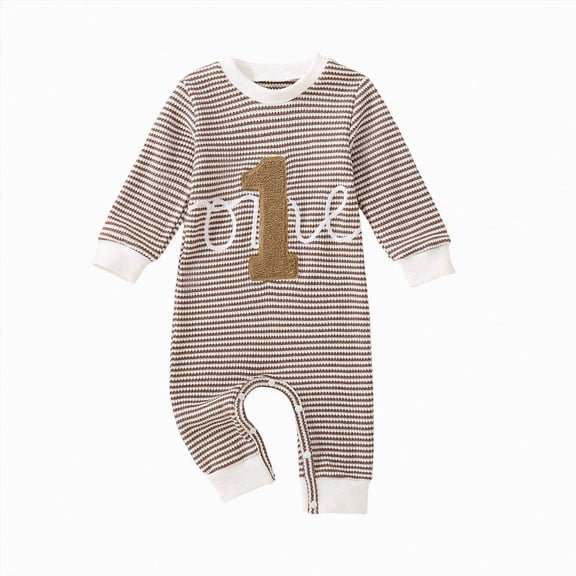 Gubotare Baby Boy Girl 1st Birthday Outfit One Embroidery Waffle Romper Jumpsuit First Birthday Cake Smash Outfit (Brown, 12-18 Months)