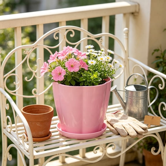 romoty Flower Petal Shaped Plastic Plant Pot with Saucer Pink, 6.3 in Lightweight Decorative Succulent Planter with Drainage Hole for Indoor Outdoor Desk Garden Decor