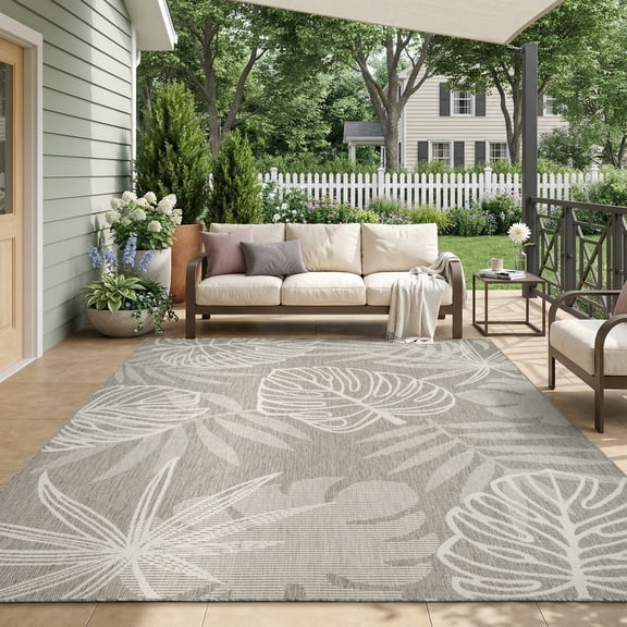 SIXHOME 5'x7' Outdoor Rug, Tropical Palm Geometric Patio Rug, Indoor Outdoor Polypropylene Weave Textured Carpet, Water-Resistant, Quick-Dry Rug for Porch, Balcony, RV, Garden, Neutral Gray