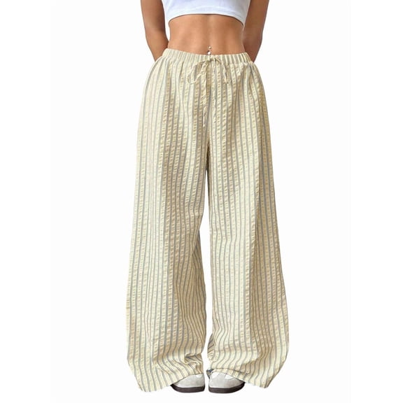 Women Drawstring Striped Pants Loose Wide Leg Trousers Casual Low Waist Pants Comfy Lounge Pants with Pockets Yellow S