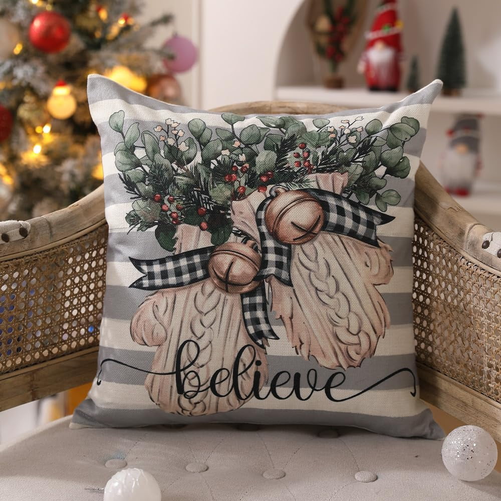 Christmas Pillow Covers 20x20 inch Set of 4 Christmas Tree Gloves Hello Winter Decorative Stripe Throw Pillow Covers Winter Farmhouse Decoration for Home Couch