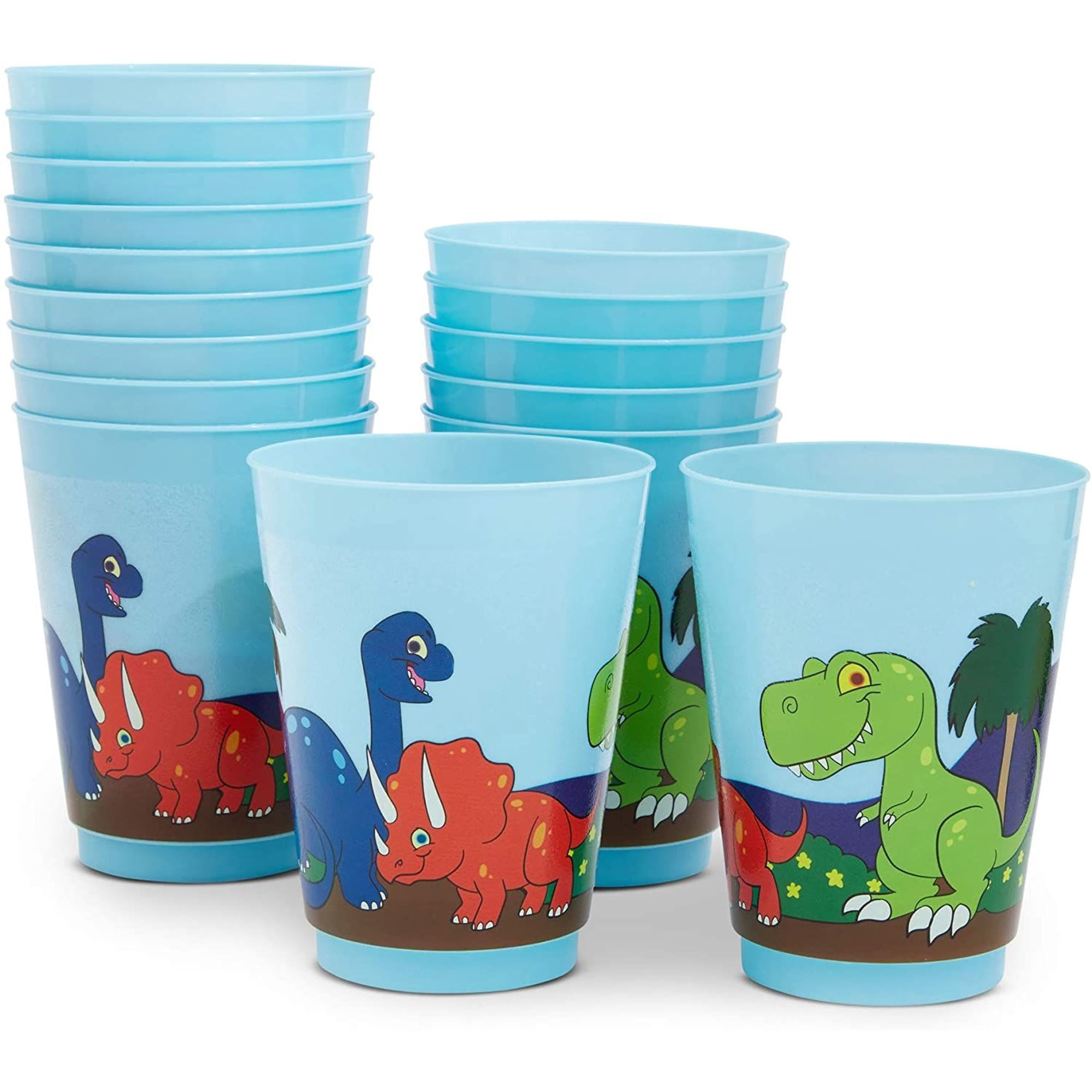 BLUE PANDA 16 Pack Plastic Dinosaur Cups for Kids Cartoon Dino Party Favors for Birthday Party Supplies and Dinosaur Birthday Decorations (16 O)