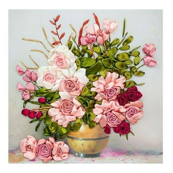 Panda Superstore  19.6 x 25.5 in. Rose Embroidery Starter DIY Floral Silk Ribbon Embroidery Kit for Wall Decoration, Pink