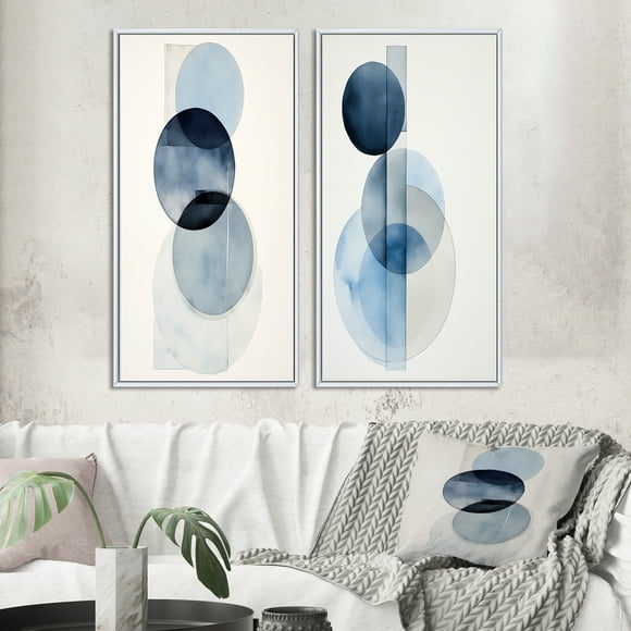 Designart "Minimal Orbicular Unity in Retro Blue II" Modern Geometric Framed Wall Art Set Of 2 - Modern Blue Framed Wall Art Set Of 2