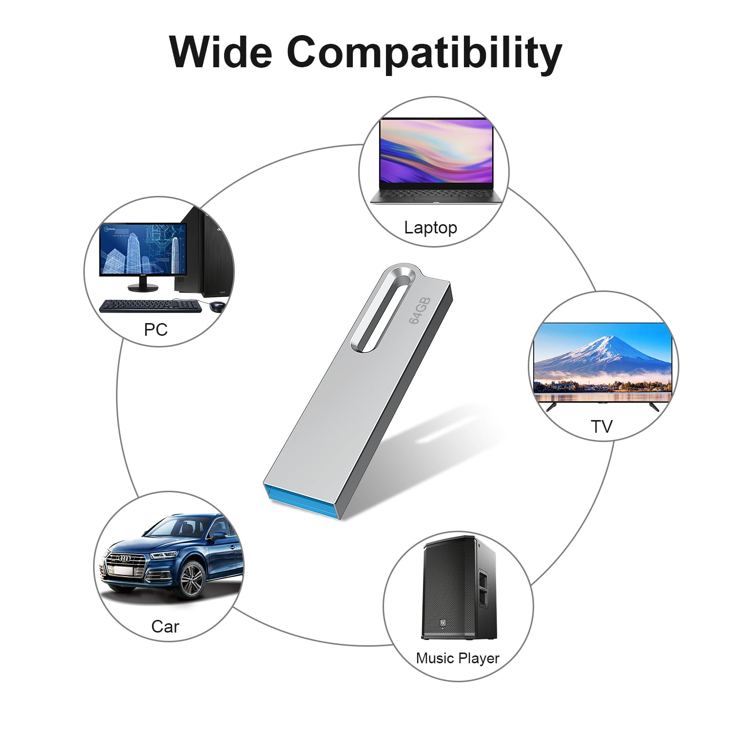 64GB USB 2.0 Flash Drive 3PCS TOPESEL Slim Metal Thumb Drive Mini Memory Stick Pen Drive Silver