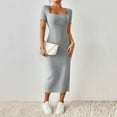 thumbnail image 3 of Skymirror Women Summer Dress Square Neck Split Hem Knitted Elastic Skinny Solid Color Mid-calf Length Short Sleeves Lady Party Commute Midi Dress, 3 of 8