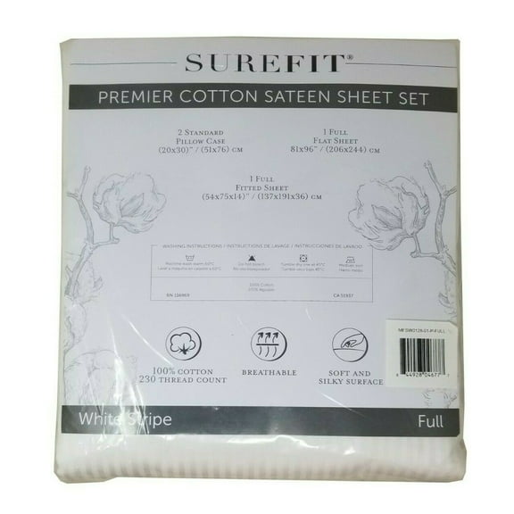 SureFit Premier 100% Cotton Sateen Striped Sheet Set in White, Full Size