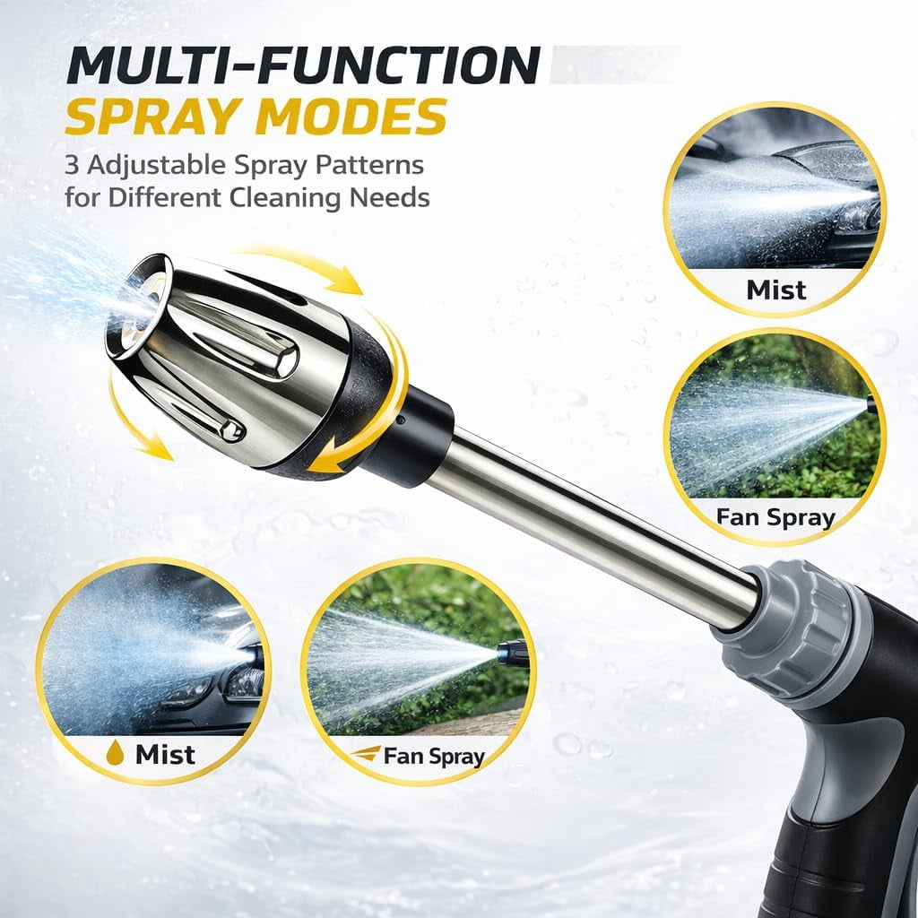 Cordless Pressure Washer, Stainless Steel Power Washer Wand with 360° Rotating Nozzle, 3 Spray Modes, Universal Hose Compatible for Car, Patio & Garden Cleaning (B) B