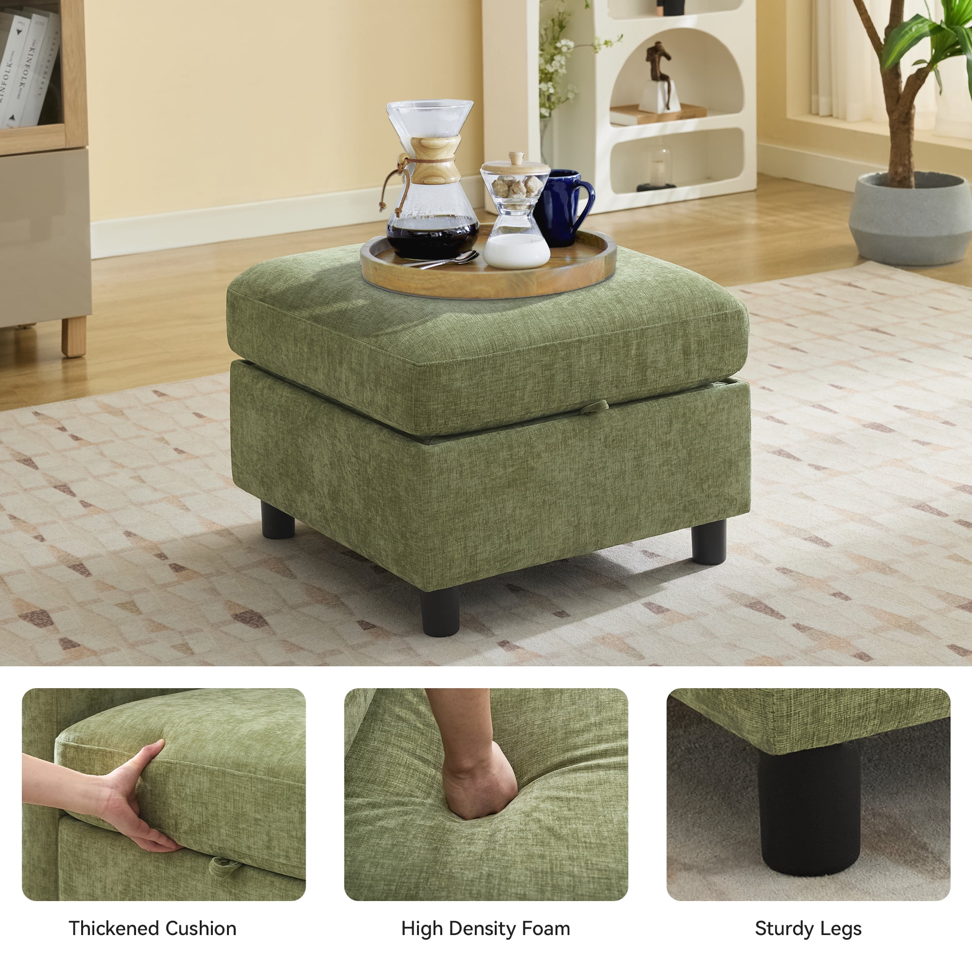 25" Square Storage Ottoman for Modular Couch, Convertible Footrest with Hidden Compartment, Chenille Upholstered Coffee Table & Extra Living Room Seating,Green