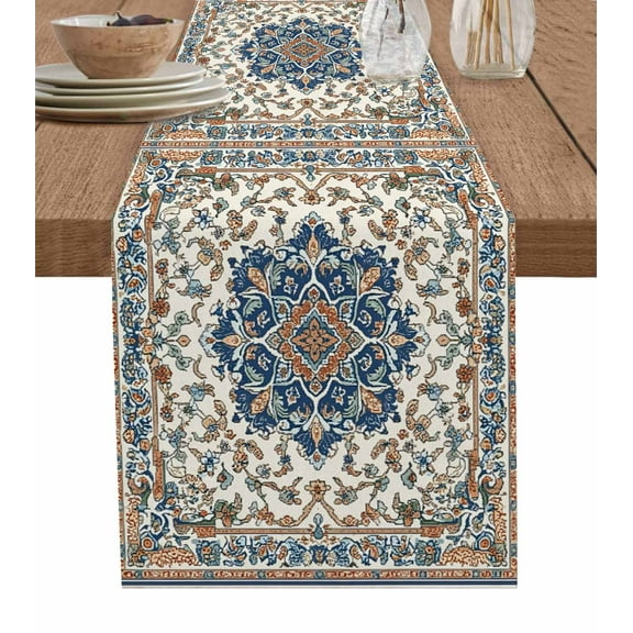 Boho Ethnic Rustic Burlap Cotton Table Runner 16x72 Inches Long, Western Antique Orange Blue Green Farmhouse Table Runners, Outdoor Dining Tablecloths Decor for Baby Shower/Party/Wedding