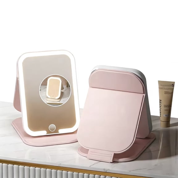 Rechargeable Travel Mirror with Light, LED Makeup Mirror with Lights, Portable Vanity Mirror with 3 Color Lighting, Touch Dimmable Lighted Cosmetic Mirror, Travel Essentials for Women (Pink)