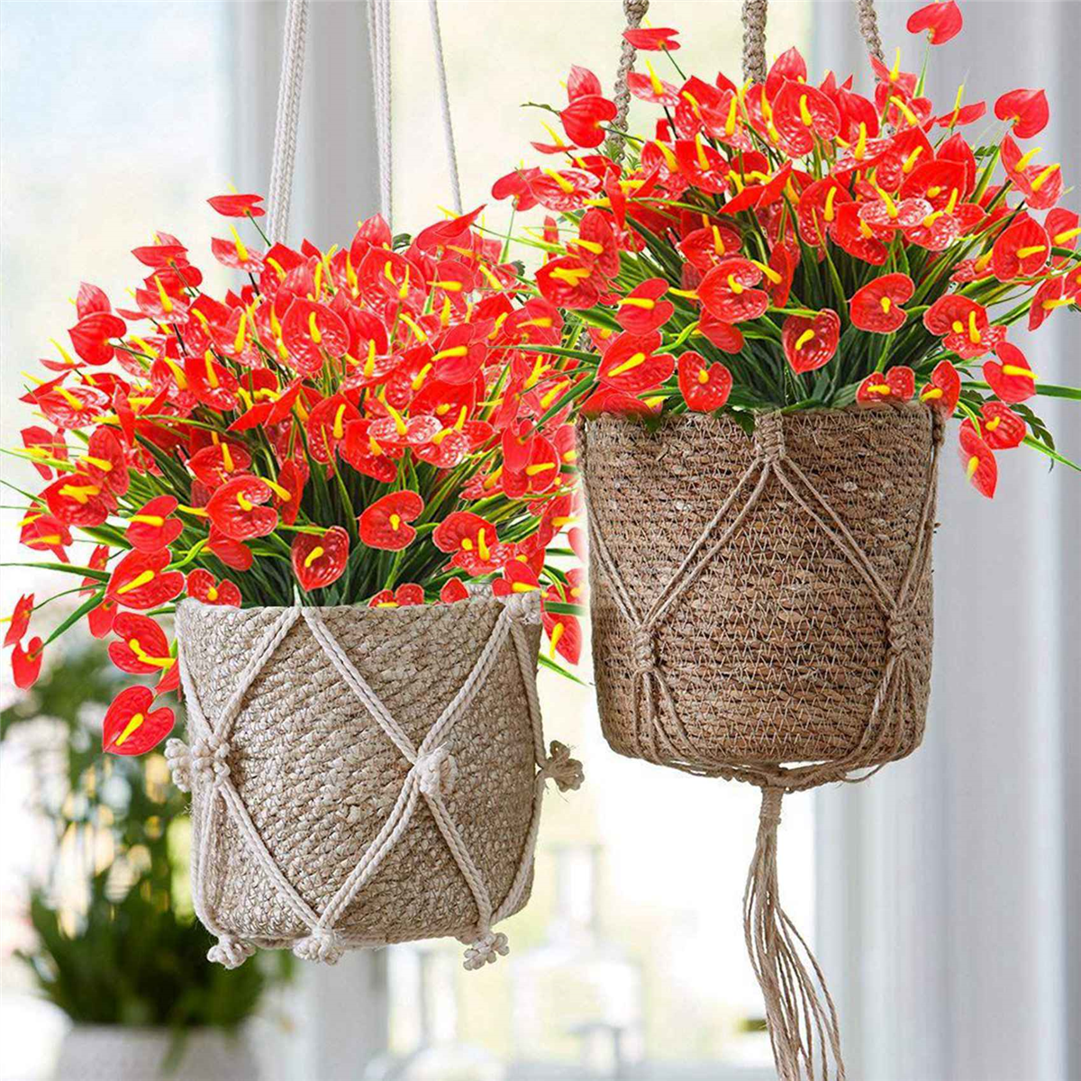 12 Bunches Artificial Fake Flowers Faux Anthurium Plants Plastic Shrubs Bushes Greenery Indoor Outside Hanging Planter