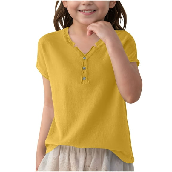 Kaemgyyd Tops for Girls Summer Trendy Button V Neck Loose Tunic Tee Children Toddler Short Sleeve Solid Shirt 6-15 Years