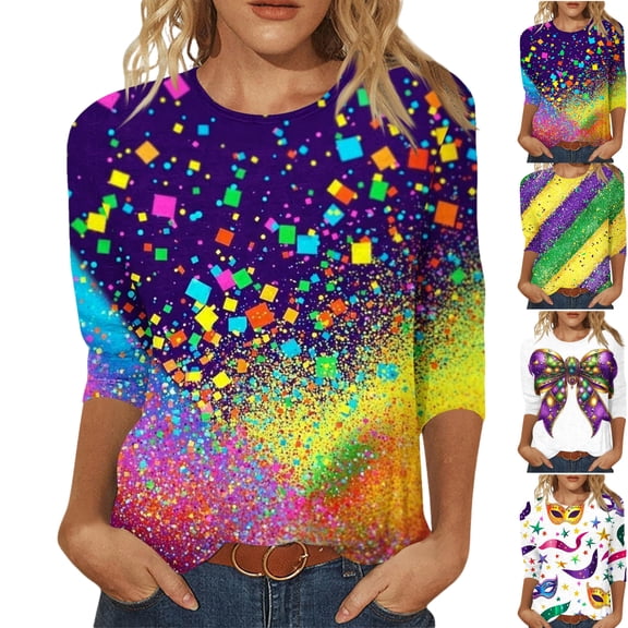Mardi Gras Womens Top Cute 3/4 Sleeve Funny Graphic Pullover Loose Casual Crew Neck Tee Shirt Party Tunic Tops Fashion Carnival Outfits 2026