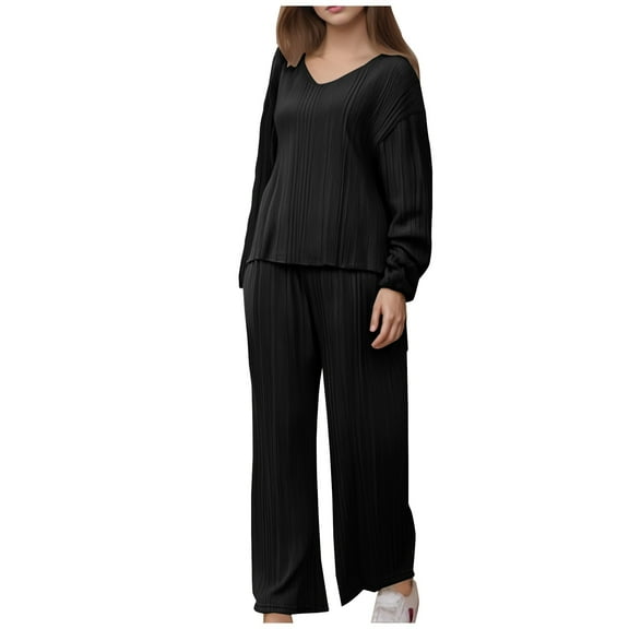 zfwon Women's 2 Pieces Outfit Ladies Co Ord Set Textured Knit Matching Set V Neck Long Sleeve Top and Wide Leg Trousers Lounge Wear Sets Casual Loose Fit Pyjamas Sets Sleepwear