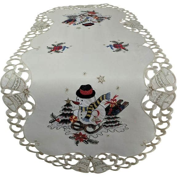 Doily Boutique Christmas Table Runner with a Snowman on Ivory Fabric Size 54 x 15 inches