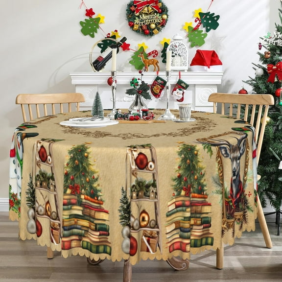 Christmas Round Tablecloth,Brown Xmas Snowman Table Cover for Dining Kitchen Decor Party Banquet,60"