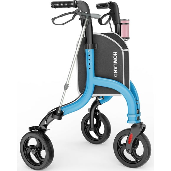 Andador de 3 ruedas HOMLAND para personas mayores, plegable, apto para FSA/HSA, con soporte para bastón y vaso, altura ajustable.