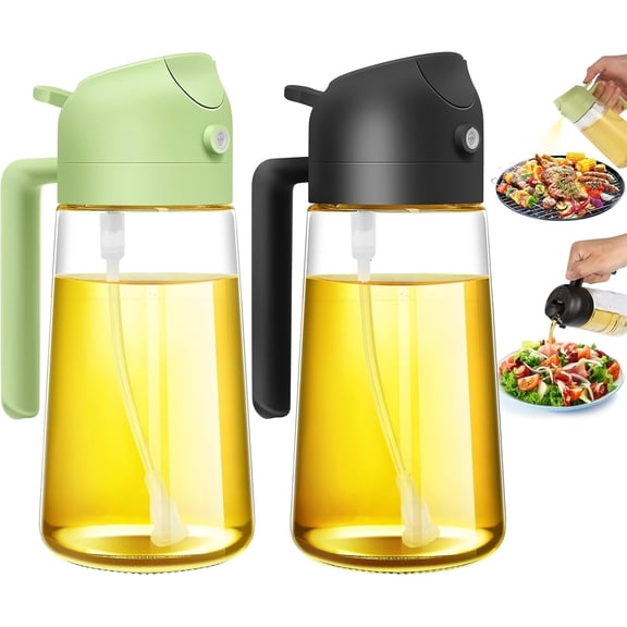 Oil Sprayer for Cooking, 2 in 1 Olive Oil Dispenser Bottle for Kitchen, 16oz/470ml Premium Glass Oil Bottle, Food-grade Oil Mister for Air Fryer, Salad, Frying, BBQ (Green Black)