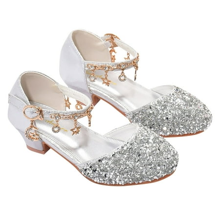 NOLDARES Girls Dress Shoes Toddler Little Girls Low Heels Mary Jane Princess Shoes Flower Girl Wedding Party(Silver 5.5-6Years)
