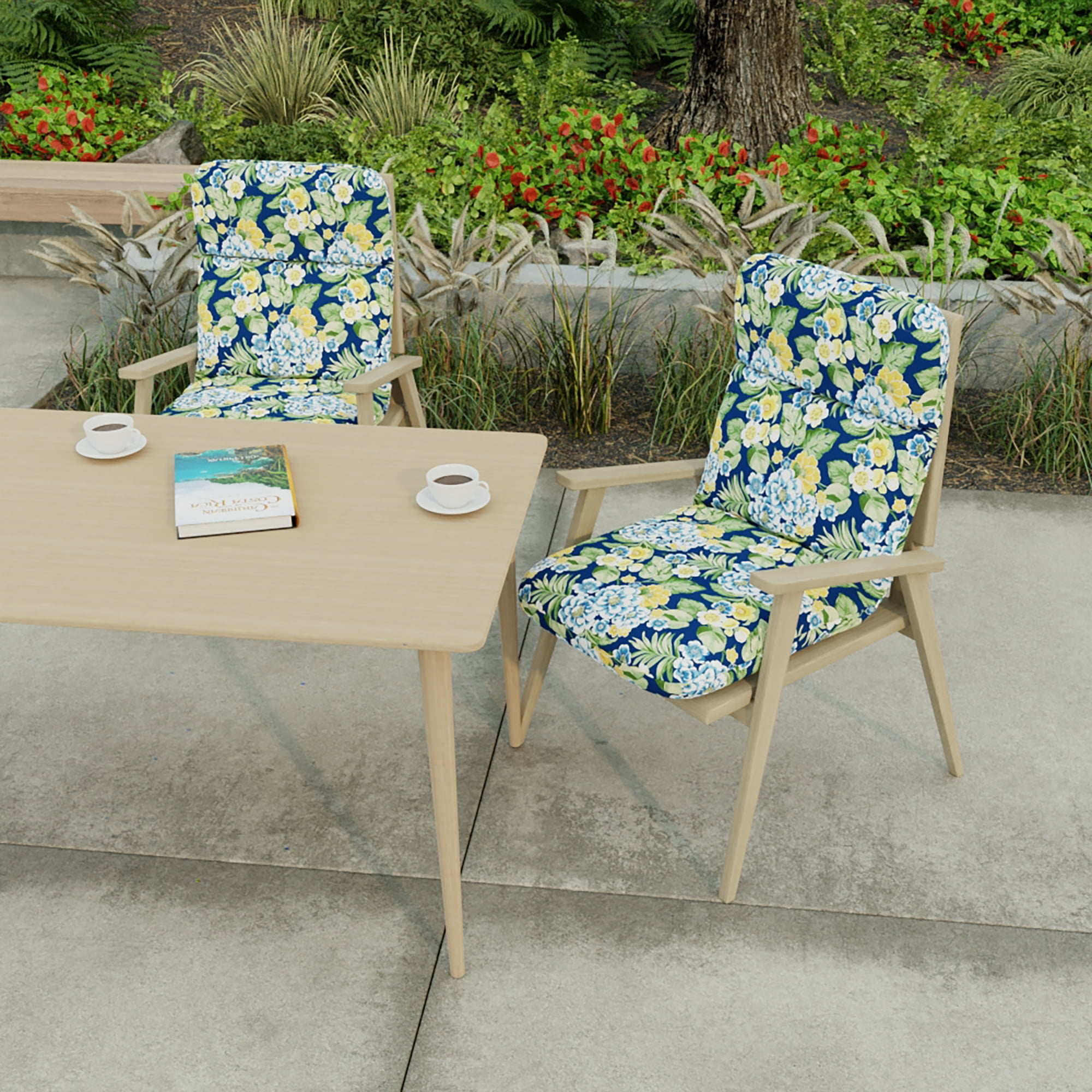Jordan Manufacturing 45" x 22" Binessa Lapis Blue Floral Rectangular Outdoor Chair Cushion with Ties and Hanger Loop