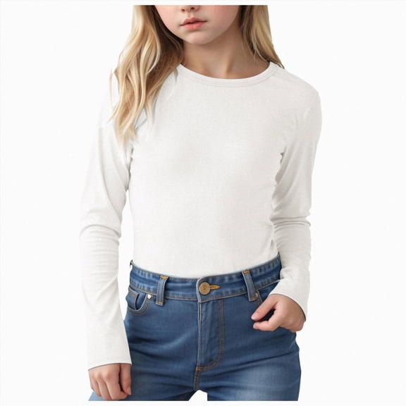 larppty Girls Long Sleeve Ribbed Knit Shirts Soft Slim Fit Crewneck Casual Base Layer Tops Tees(White,7-8 Years)