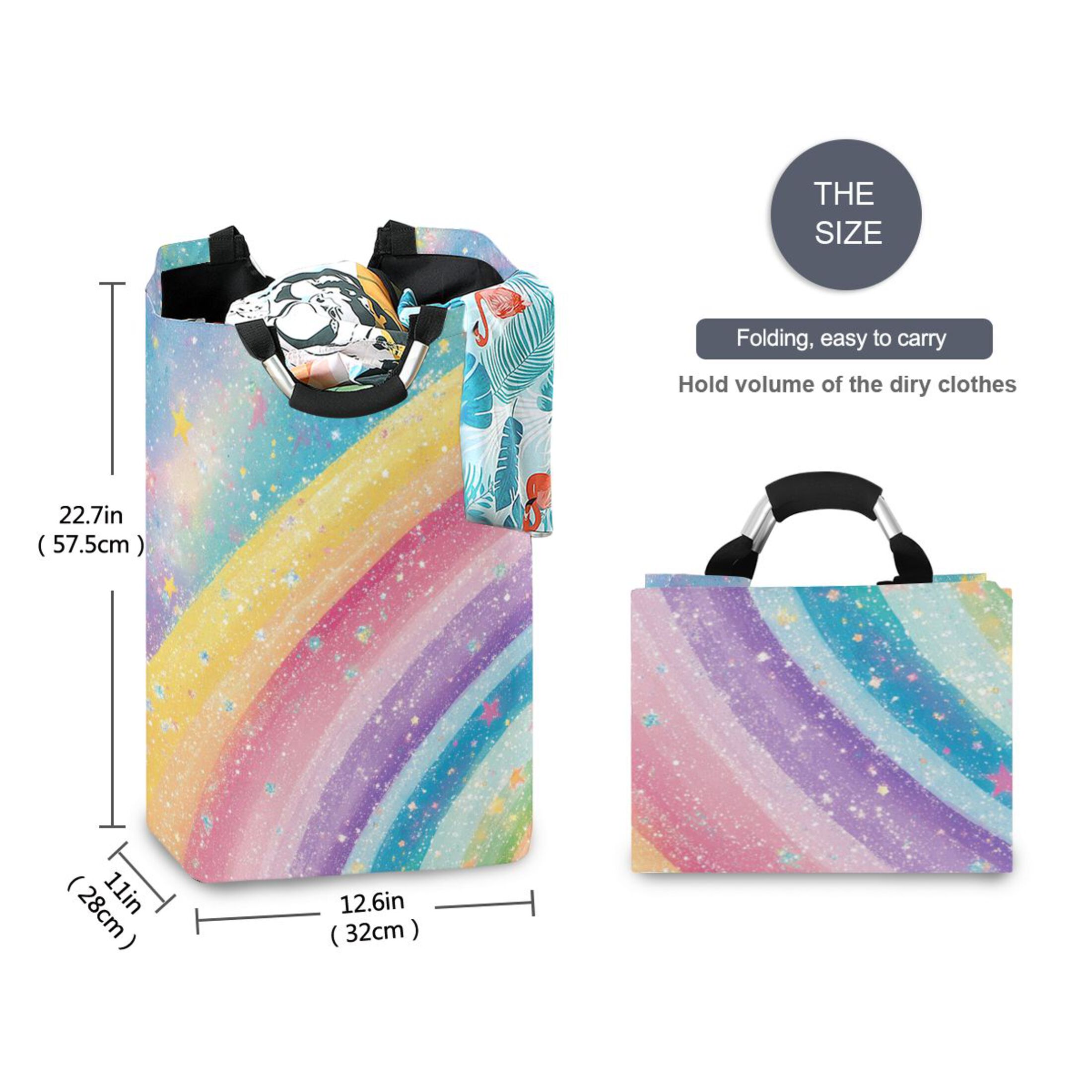Laundry Basket Collapsible Laundry Basket Hamper with Handles for Dorm Clothes Toy Storage Glittery Rainbow