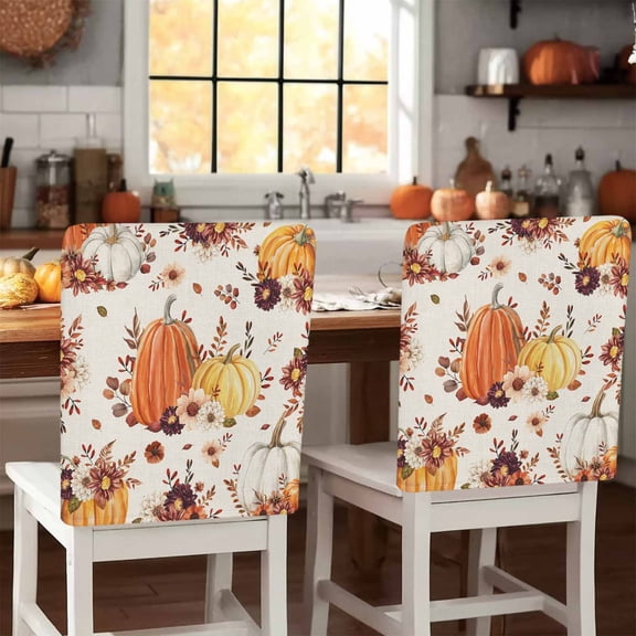 Yellow Orange Pumpkin Chair Covers Set of 1 Thanksgiving Floral Leaves Linen Chair Back Covers Stretch Removable Washable Slipcovers Protector for Dining Room Kitchen Party Decor