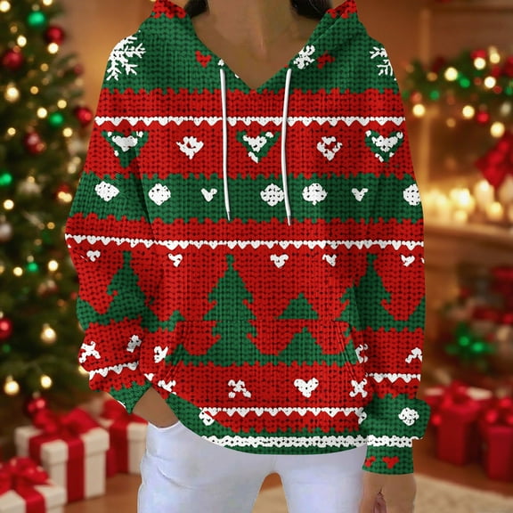 Brondbend Christmas Hoodie Womens Womens Hoodie Sweatshirt Long Sleeved Pocket Drawstring Pullover Print Fashion Oversized Tops Lady Holiday Fall Winter Clothes Red