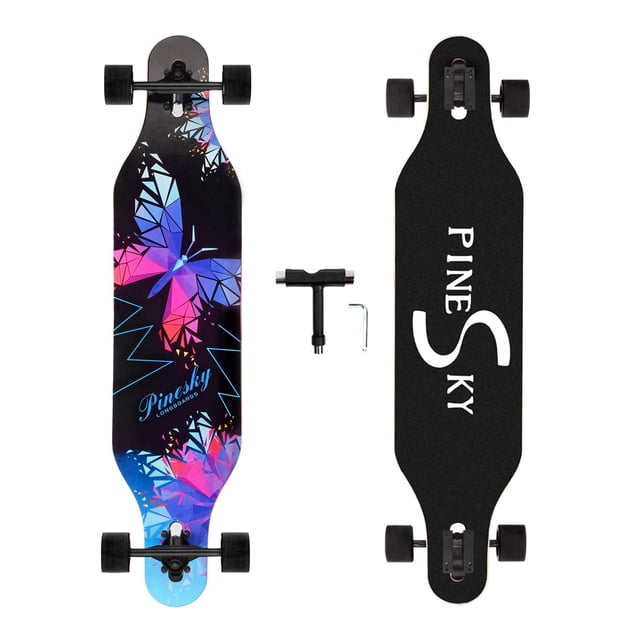 PINESKY Monopatín Longboard de 41 pulgadas, monopatín completo de arce natural de 9 capas para crucero, tallado, estilo libre y descenso con mariposa T-Tool