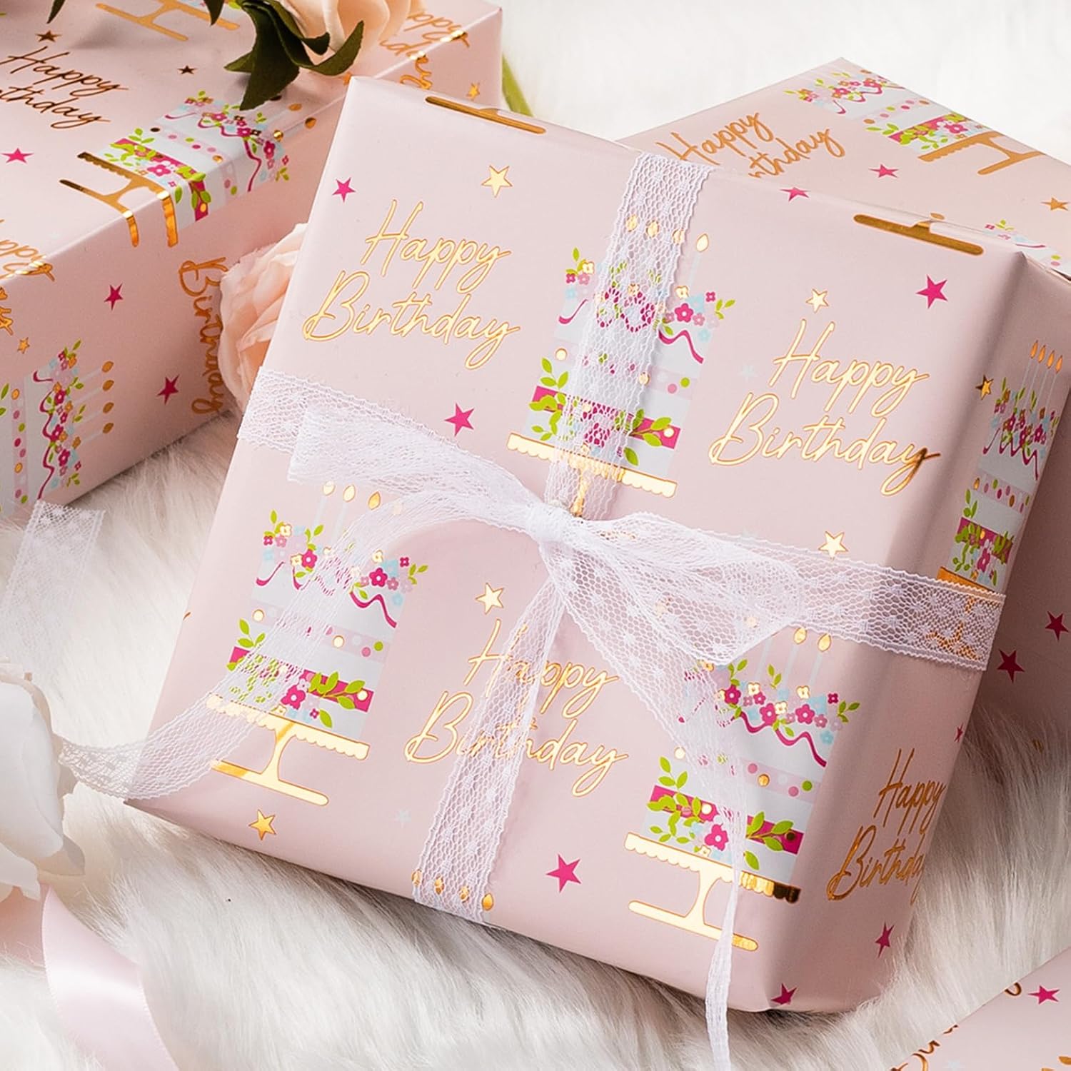 HOMERAL Birthday Cake Wrapping Paper Roll, 17" x 33 ft photo 7