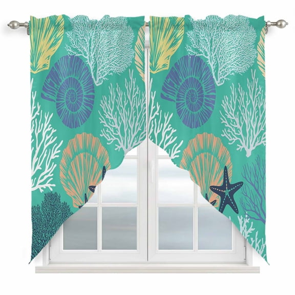 Aqua Gray Shell Coral Kitchen Window Curtains, Swag Curtains Valance for Bedroom Living Room Bathroom, Coastal Summer Beach Nautical Ocean Rod Pocket Window Curtain Block Drapes 2 Panels 36"x63"