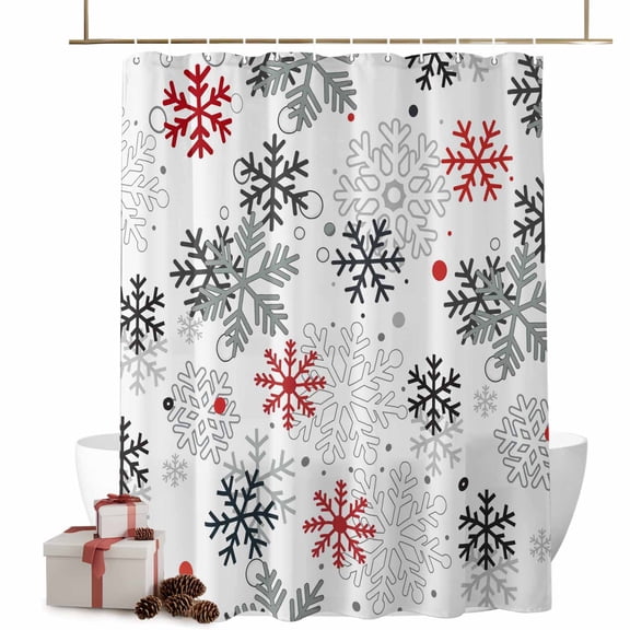 Red Black Grey Snowflakes Bathroom Shower Curtain Winter Christmas Snowflakes Waterproof Washable Shower Curtains for Bathtub Bath Decor with Grommets and Hook 54 X 78 Inch