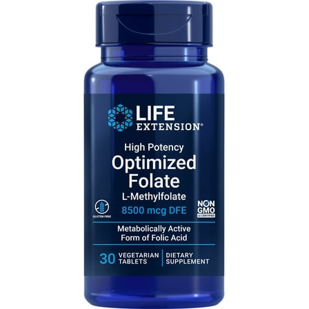 Life Extension High Potency Optimized Folate – L-methylfolate – Folic Acid, 8500 mcg DFE – Heart & Brain Support, Healthy Homocysteine Levels – Gluten-Free, Non-GMO, Vegetarian – 30 Tablets