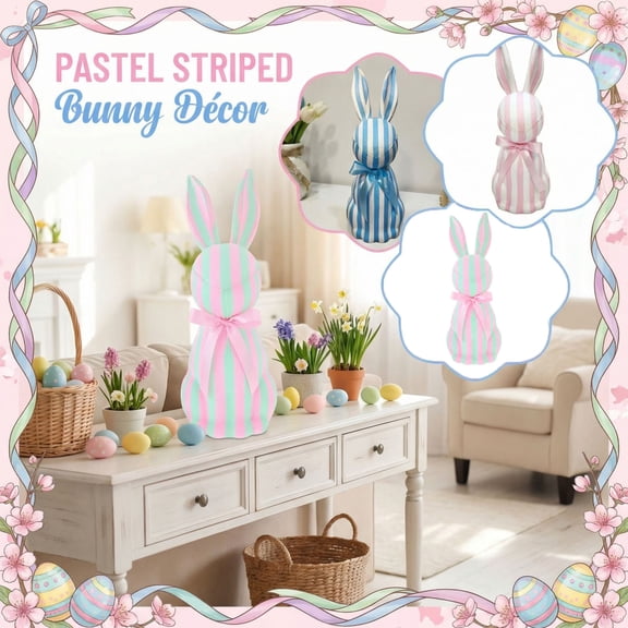 7.87in Striped Resin Easter Bunny Figurine Easter Decorations Pastel Rabbit Tabletop Centerpiece for Spring Home Shelf Mantel Display