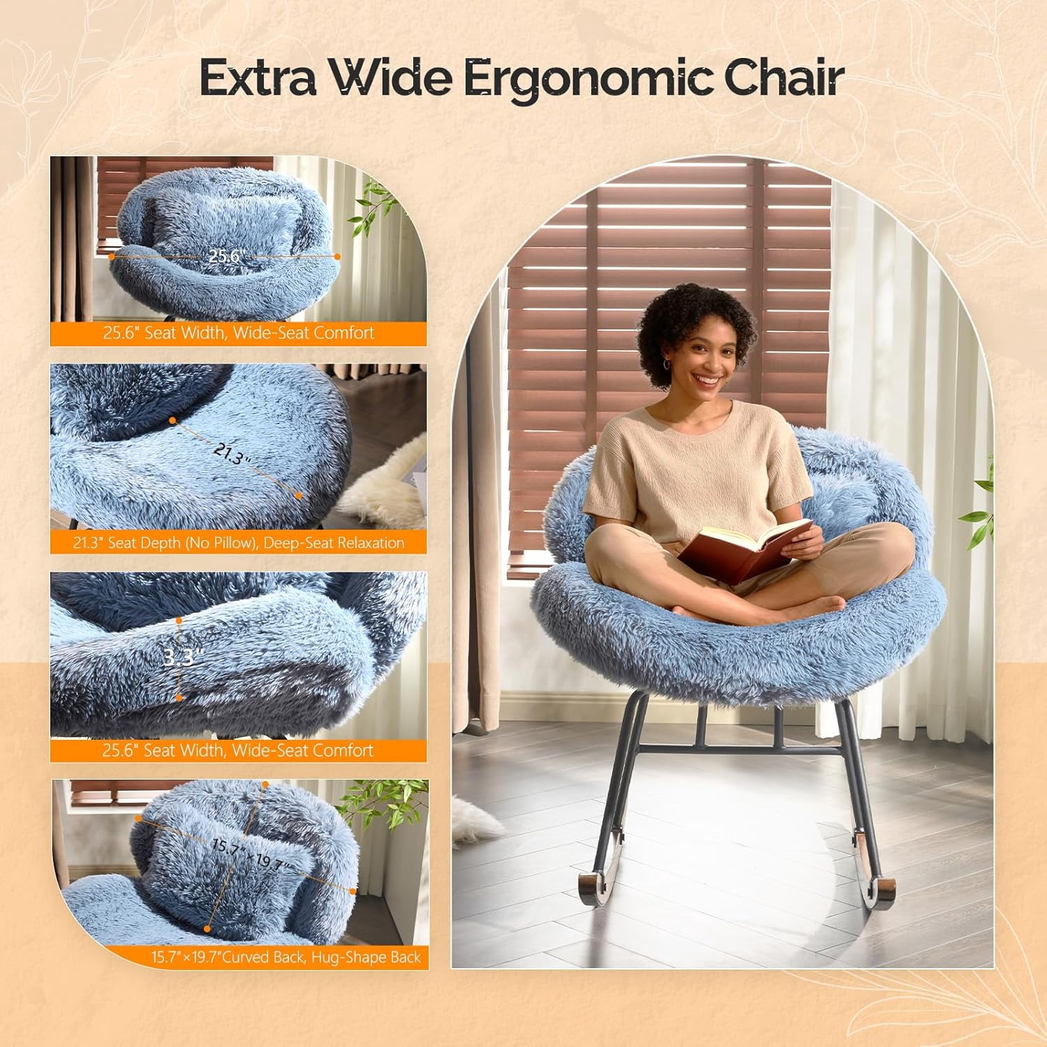 JFTER 25.6" Extra Wide Criss Cross Nursery Rocking Chair,Cute Curved 115° Reclining Armless Glider,Plush Small Rocker w/Pillow & Solid Wood for Indoor,Bedroom, Living Room,Fluffy Fleece,Navy Blue