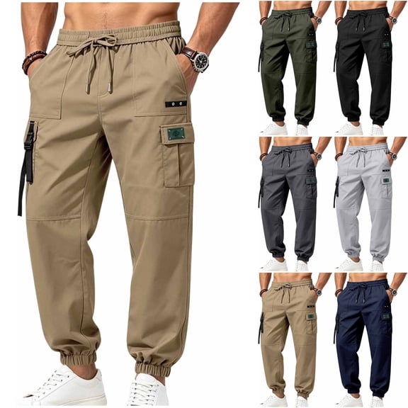 Men's Techwear Cargo Joggers Baggy 2026 Fall Fashion Streetwear Pants Elastic Waist Drawstring Tapered with Flap Pockets Casual Wear, Khaki, XL