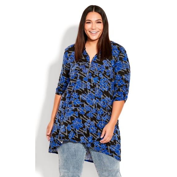 Avenue Women's Plus Size Chester Zip 3/4 Sleeves Relaxed Print Tunic Top